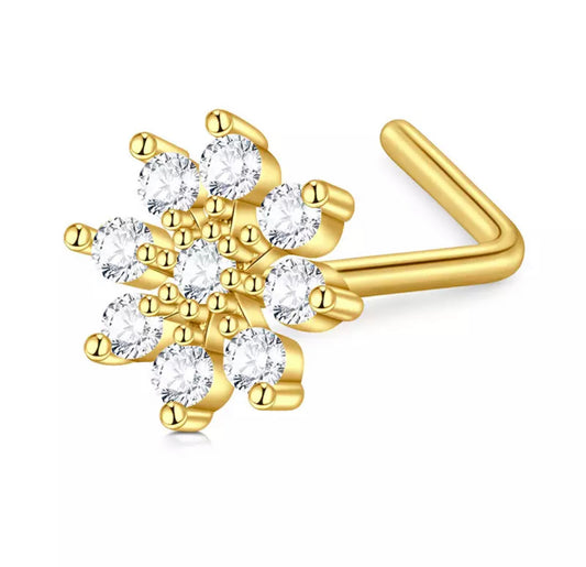 20G Gold Flower Nose Stud for Nostril Piercings L Shaped Bar Ring Body Jewelry White Background Image
