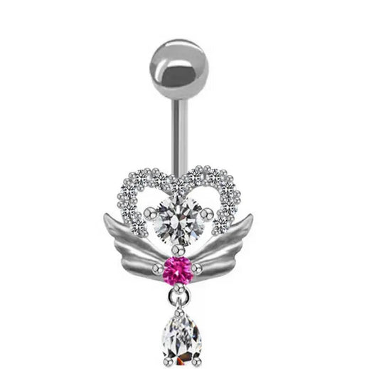 14G Silver Heart Belly Button Ring with Wings and Pink Centered Rhinestone White Background Image