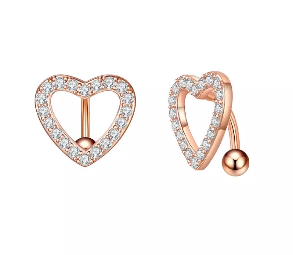 Rose Gold Heart Belly Button Navel Ring Piercing Jewelry 14G with Rhinestone Top Mount Non-Dangle White Background Image
