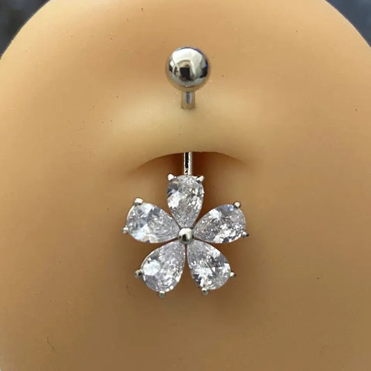 14G Silver Flower Belly Button Ring Non-Dangle Cute On Belly Button Display