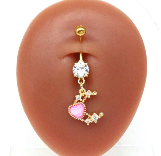14G Moon Heart Belly Button Ring Gold Dangling for Navel Piercings on Body Jewelry Display White Background Image