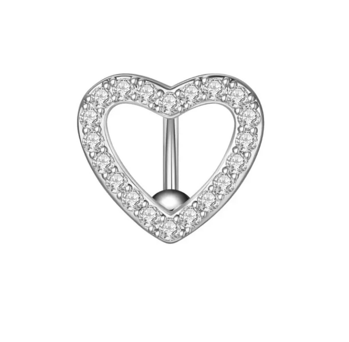 Silver Heart Belly Button Navel Ring Piercing Jewelry 14G with Rhinestone Top Mount Non-Dangle White Background Image