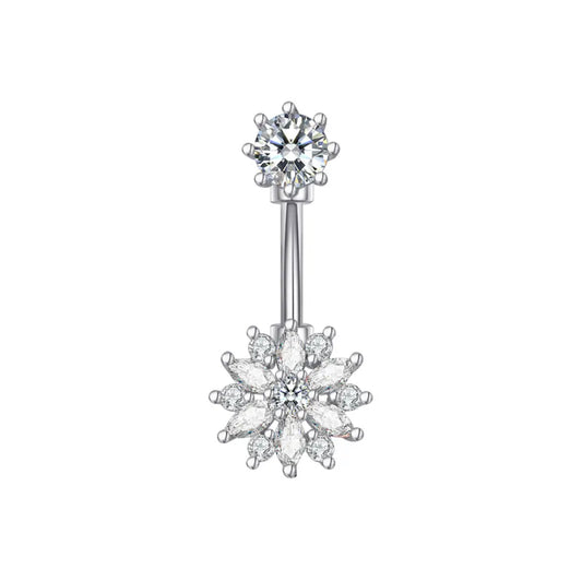 14G Silver Flower Belly Button Ring Non-Dangle for Navel Piercings White Background Image