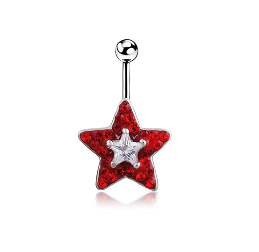 14G Red Star Belly Button Ring Non-Dangle Silver Bar for Navel Piercings White Background Image