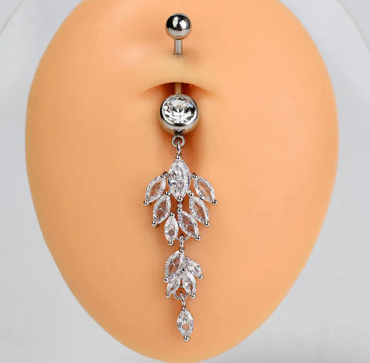 Silver Dangling Belly Button Ring for Navel Piercings Embedded with White Rhinestones On Belly Display White Background