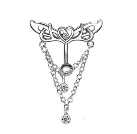 14G Silver Reversed Belly Button Ring for Navel Piercing with Wings, Heart, and Dangling Chain