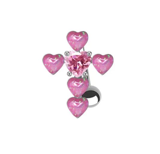 14G Pink Heart Cross Belly Button Ring for Navel Piercings with Silver Bar Non-Dangle Top Mount Body Jewelry White Background Image