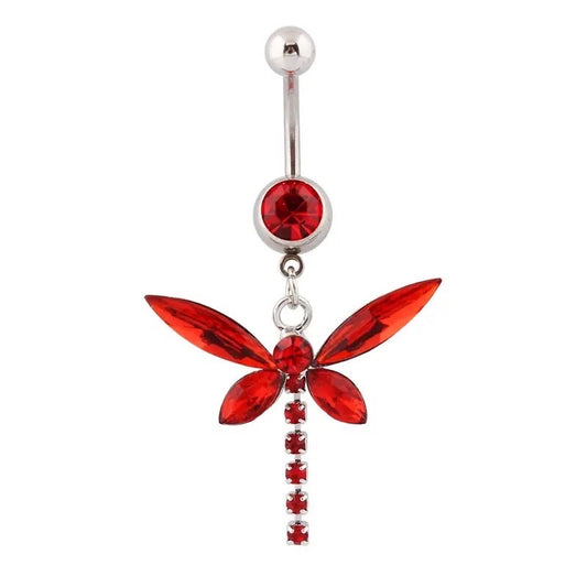 14G Red Dragonfly Belly Button Ring for Navel Piercings Dangling Animal Silver Bar White Background Image