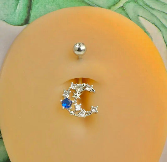 14G Blue Moon Belly Button Ring for Navel Piercings Non-Dangle Crescent with Stars Silver Bar Body Jewelry on Belly Button Display