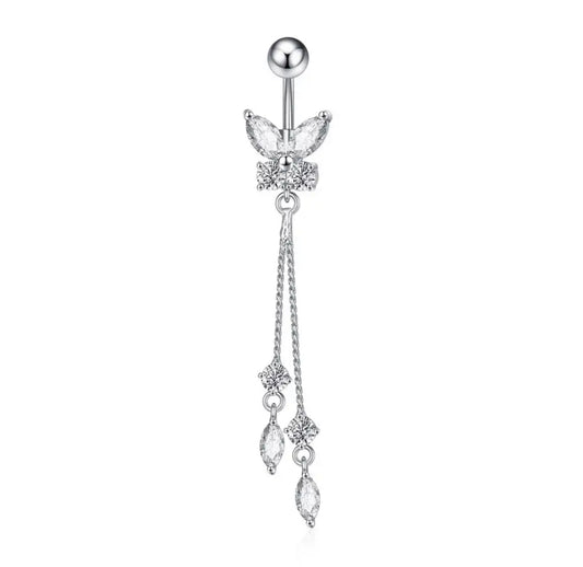 14G Silver Butterfly Belly Button Ring CZ Diamonds for Navel Piercings Dangling White Background Image