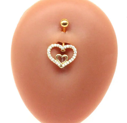 14G Double Gold Heart Belly Button Ring for Navel Piercings Non-Dangle on Belly Button Body Jewelry Display White Background Image