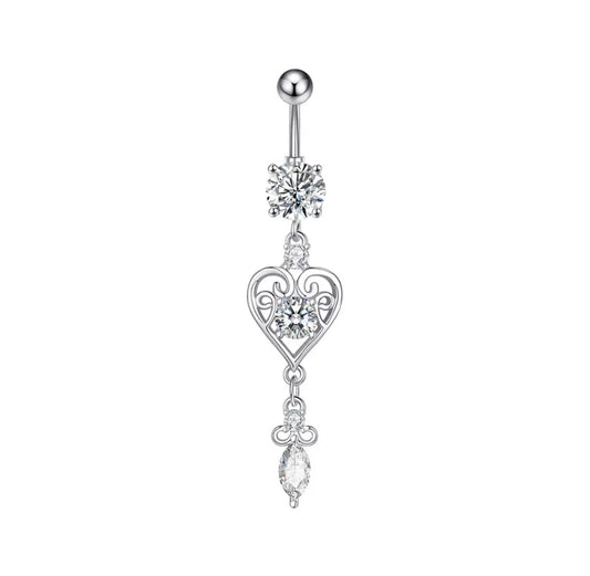 14G Silver Belly Button Ring Dangling Heart for Navel Piercings White Background Image