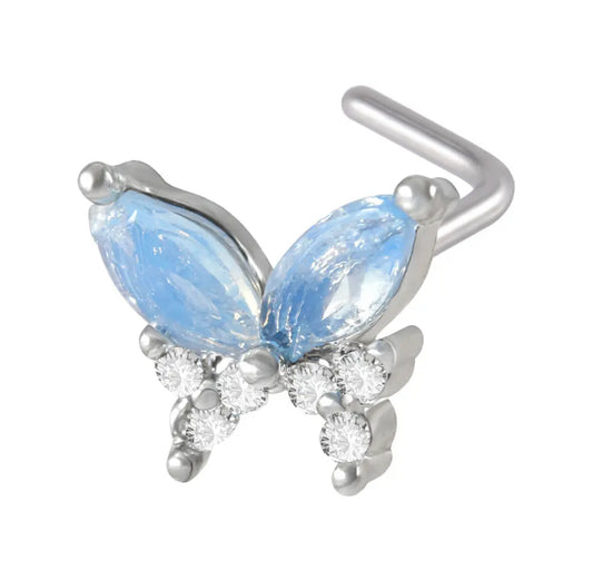 20G Blue Butterfly Nose Stud L Shaped for Nostril Piercings Silver White Background Image