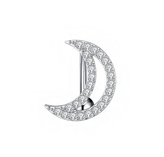 14G Silver Belly Button Ring for Navel Piercings Crescent Moon Top Mount Body Jewelry White Background Image
