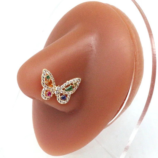 20G Rainbow Butterfly Nose Stud Ring Gold L Shaped Bar Multicolor for Nose Piercings on Nostril Display White Background Image