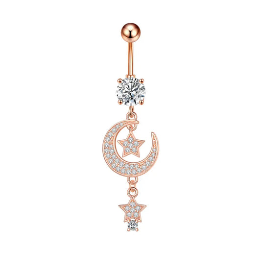 14G Rose Gold Belly Button Ring Dangling Moon Stars for Navel Piercings White Background Image
