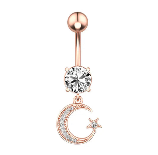 14G Rose Gold Crescent Moon Belly Button Ring for Navel Piercings Dangling with Star Curved Barbell Body Jewelry White Background Image