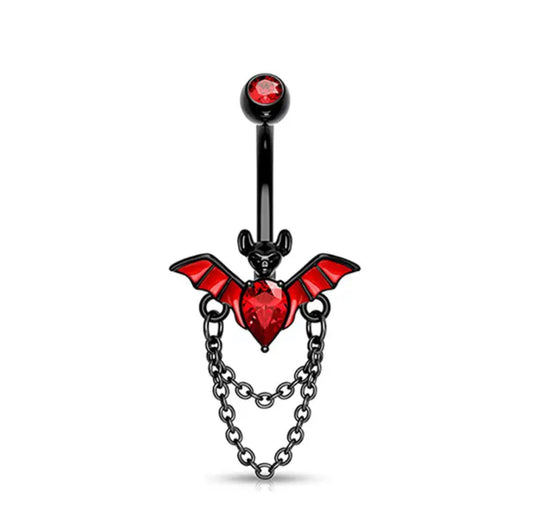 14G Red Bat Belly Button Navel Ring for Navel Piercings with Dangling Black Chains and Bar Animal for Halloween Body Jewelry White Background Image