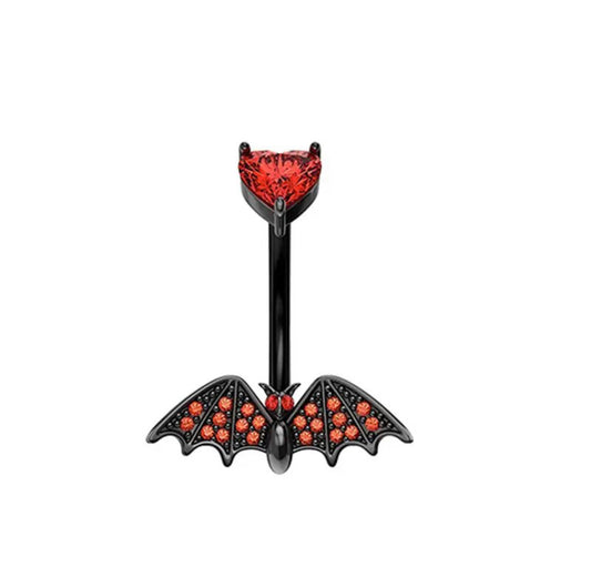 14G Black Bat Belly Button Ring Non-Dangle Red Heart for Navel Piercings Body Jewelry White Background Image