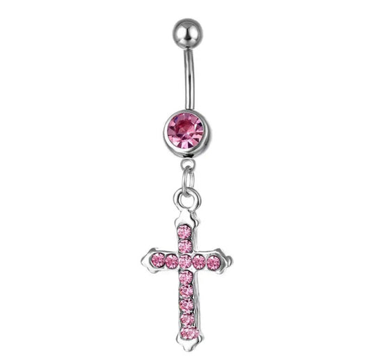 14G Pink Cross Belly Button Ring for Navel Piercings Dangling with Silver Bar White Background Image