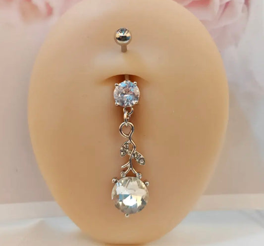 14G Silver Belly Button Ring with Leaves Dangling for Navel Piercings on Belly Button Body Jewelry Display