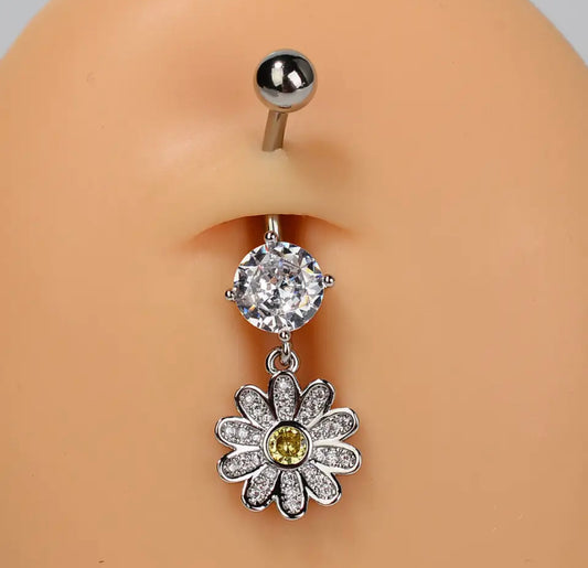 14G Silver Dangling Flower Charm Belly Button Ring for Navel Piercings on Belly Display White Background