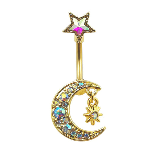 14G Gold Belly Button Ring for Navel Piercings Non-Dangle Moon with a Dangling Star and Rainbow Aurora Rhinestones White Background Image