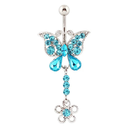14G Blue Butterfly Belly Button Ring Dangling for Navel Piercings Silver Bar Flower White Background Image