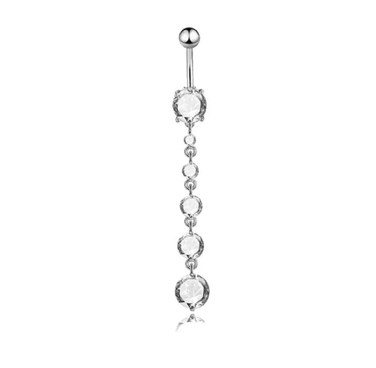 14G Silver Belly Button Ring for Navel Piercings with Dangling Round Gemstones White Background Image