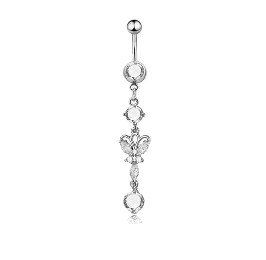 14G Silver Belly Button Ring Dangling Butterfly with Clear Gemstones White Background Image