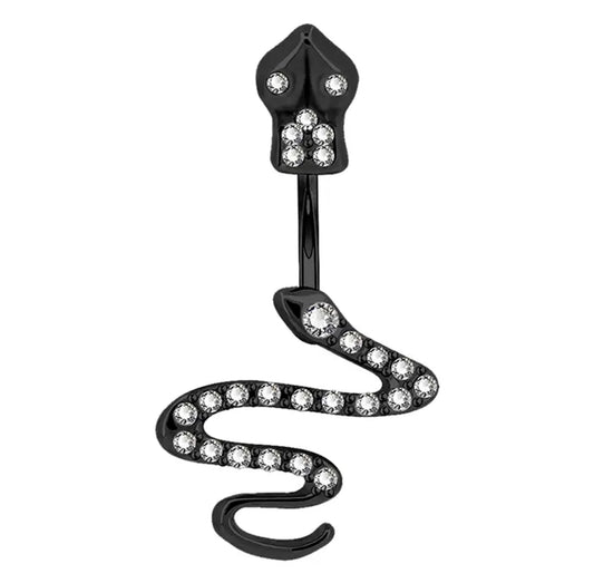 14G Black Snake Belly Button Ring Non-Dangle Rhinestone Center Design White Background Image